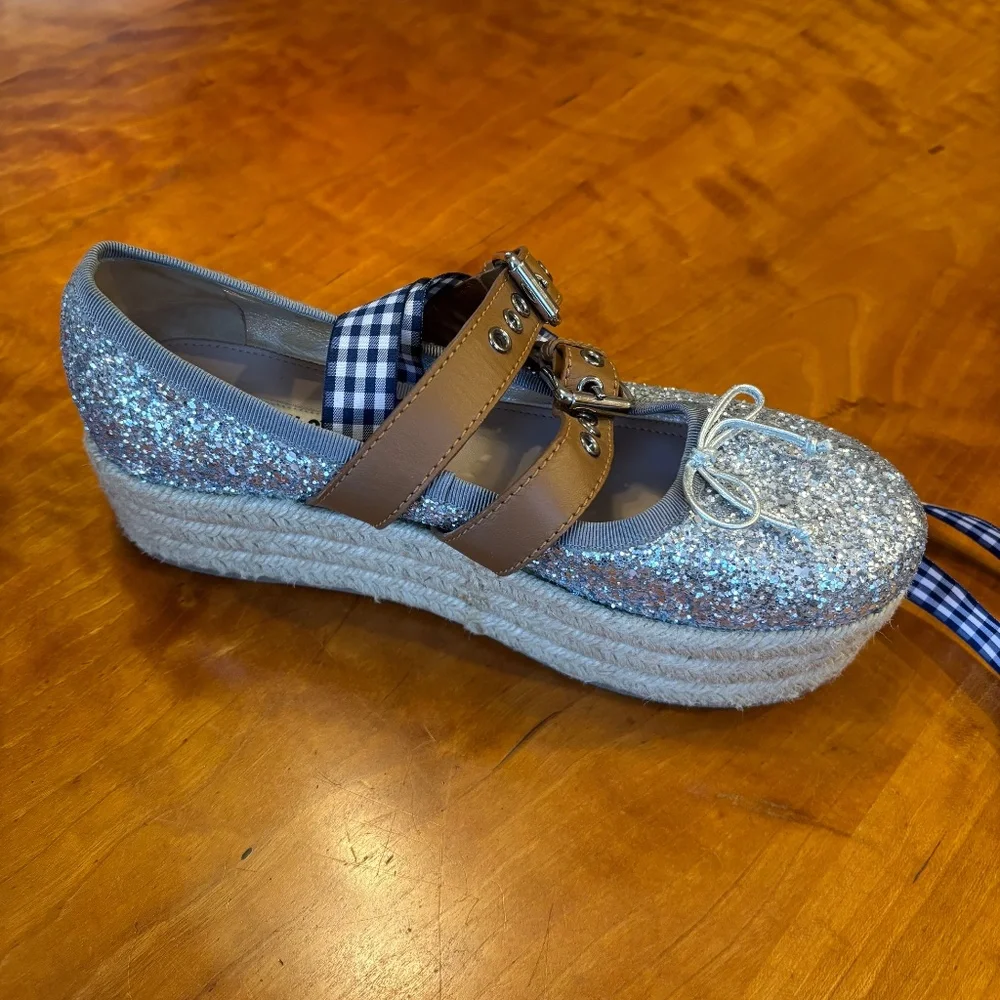 Retail $650! Miu Miu Glitter Silver Platform Espadrilles Removables Ties 40 9.5